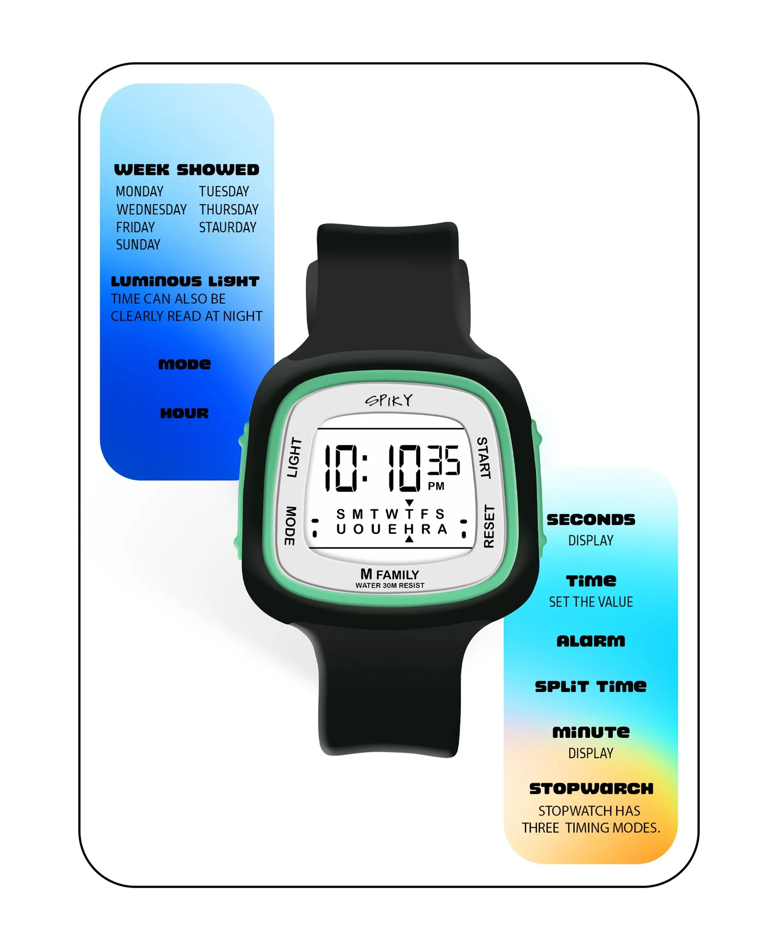 Spiky Unique Square Digital Watch for Kids - Black